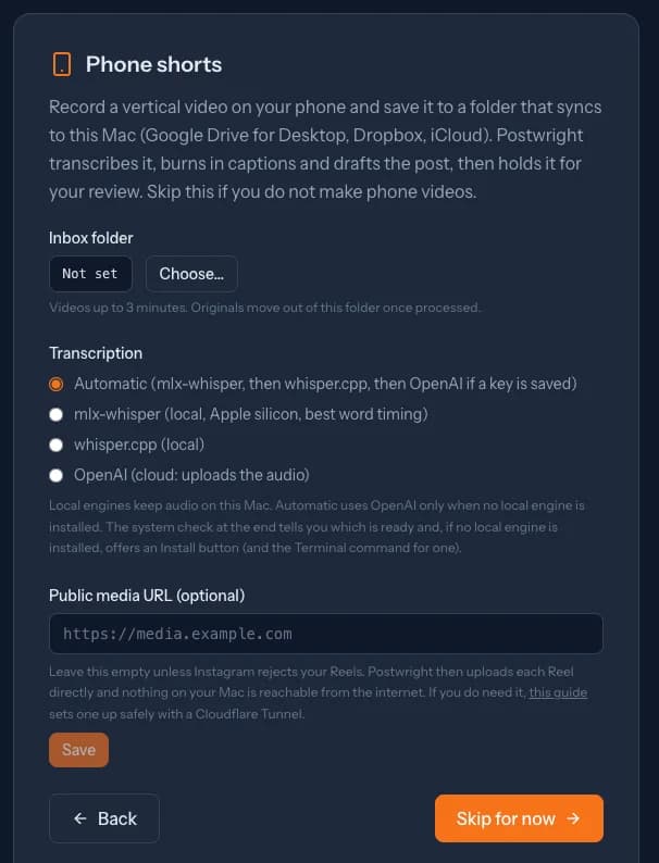 The phone shorts setup step: an inbox folder picker, a choice of transcription engine (automatic, mlx-whisper, whisper.cpp, or OpenAI), and an optional public media URL.
